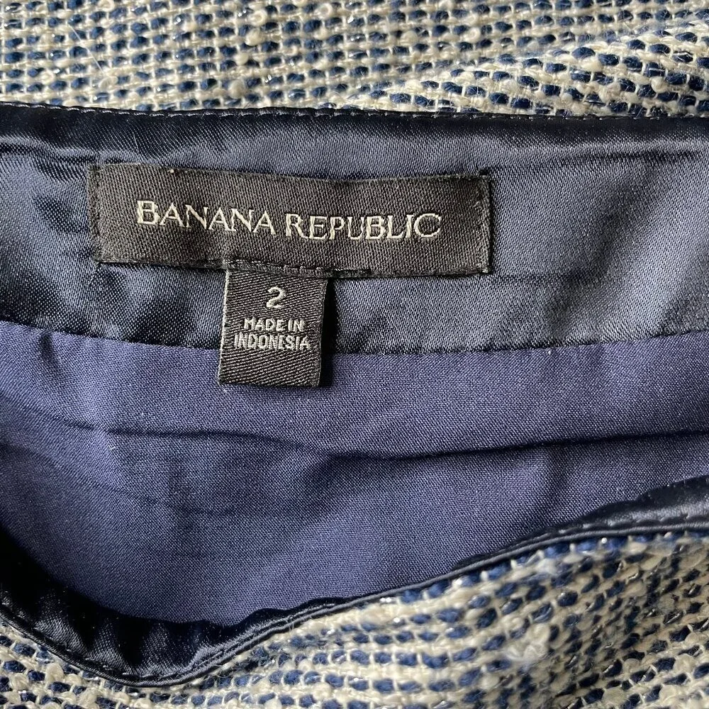BANANA REPUBLIC Dark Academia Tweed Mini Skirt Navy Blue Fringe Boucle Coquette
